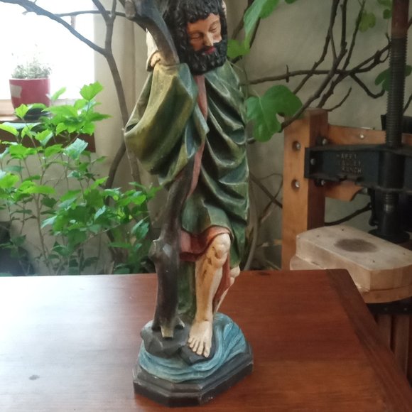 St. Christopher Holding the Christ Child Wooden Statue - Picture 3 of 10